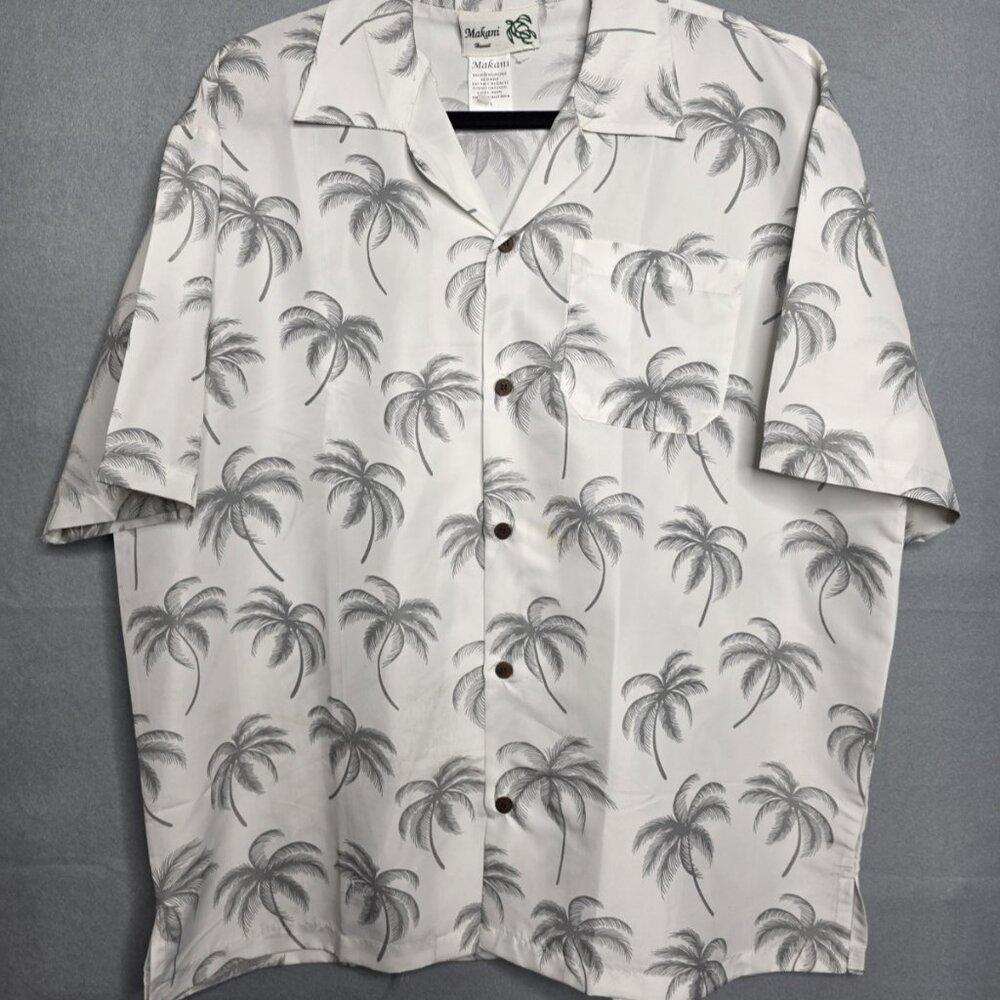 Makani Mens Palm Tree Bamboo Size L Microfiber Shirt White Gray